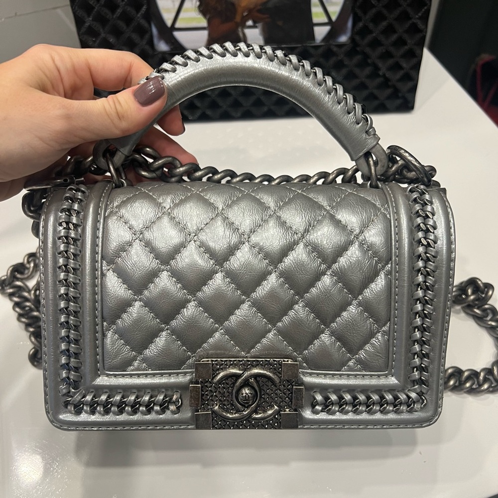 Chanel silver chain around handle boybag small